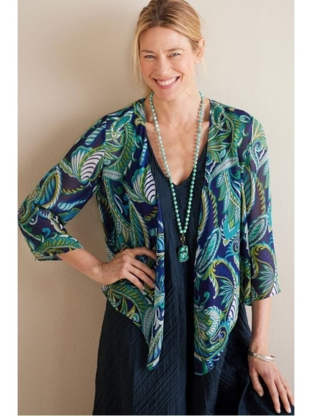 Soft Surroundings Size M Blue Green Silk Sheer Undercover Top Paisley Cardigan